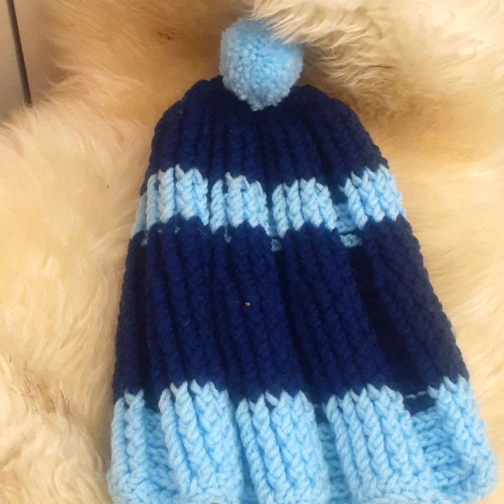 Baby Blue Navy Chunky knit acrylic pompom Beanie Hat OS CAP